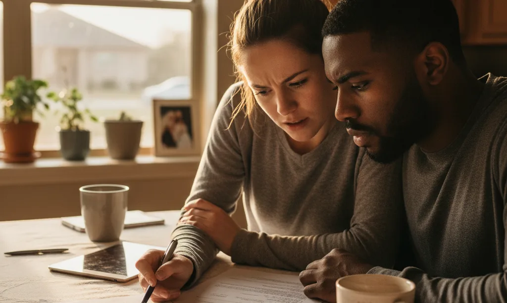 Couple at kitchen table reviewing iQRATE Mortgages documents.
