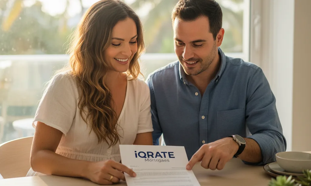 Couple reviewing iQRATE Mortgages document in Miami.