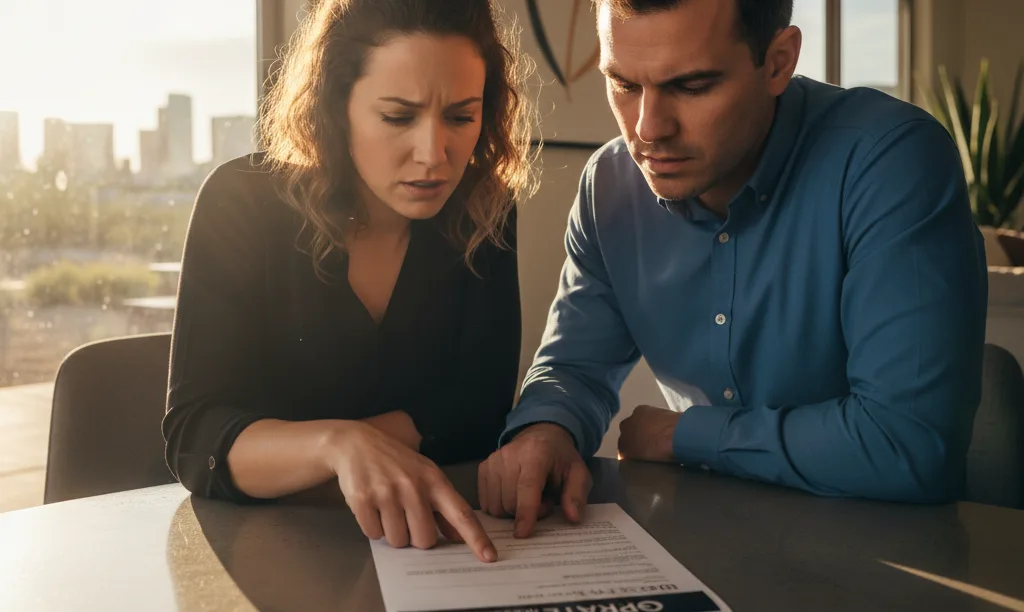 Couple reviewing iQRATE Mortgages document with concern.