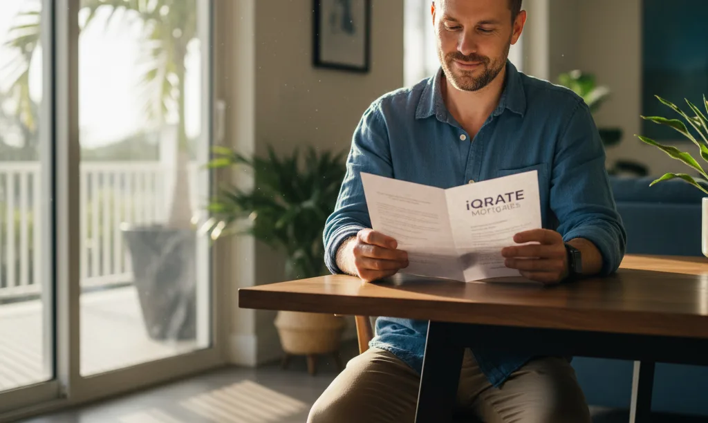 Veteran reviewing iQRATE Mortgages paperwork in Florida home.