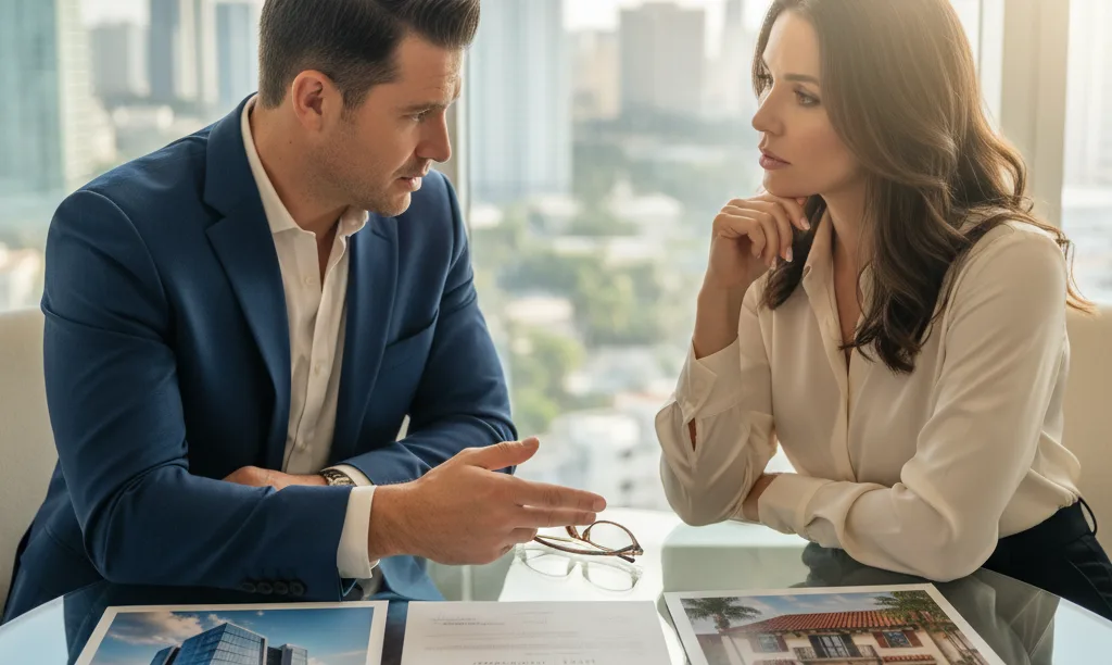 Couple reviews Miami condo and townhouse brochures.
