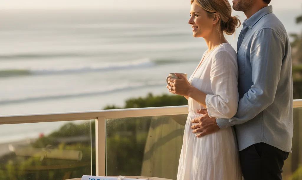 Couple enjoying view from their luxury home balcony