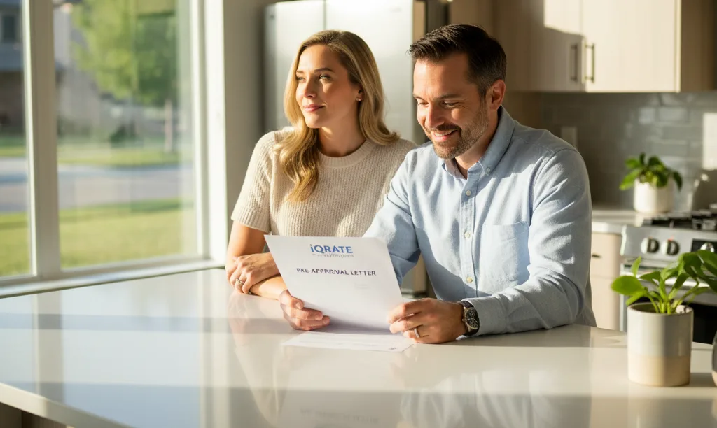 Couple confidently reviewing iQRATE Mortgages pre-approval letter.
