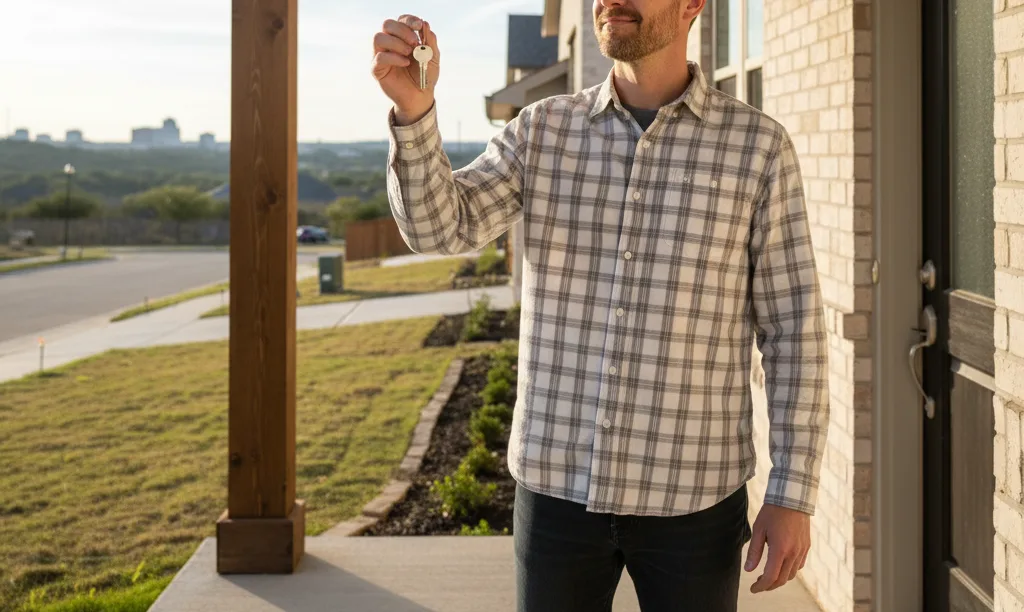 Veteran smiling on porch of new Texas home.