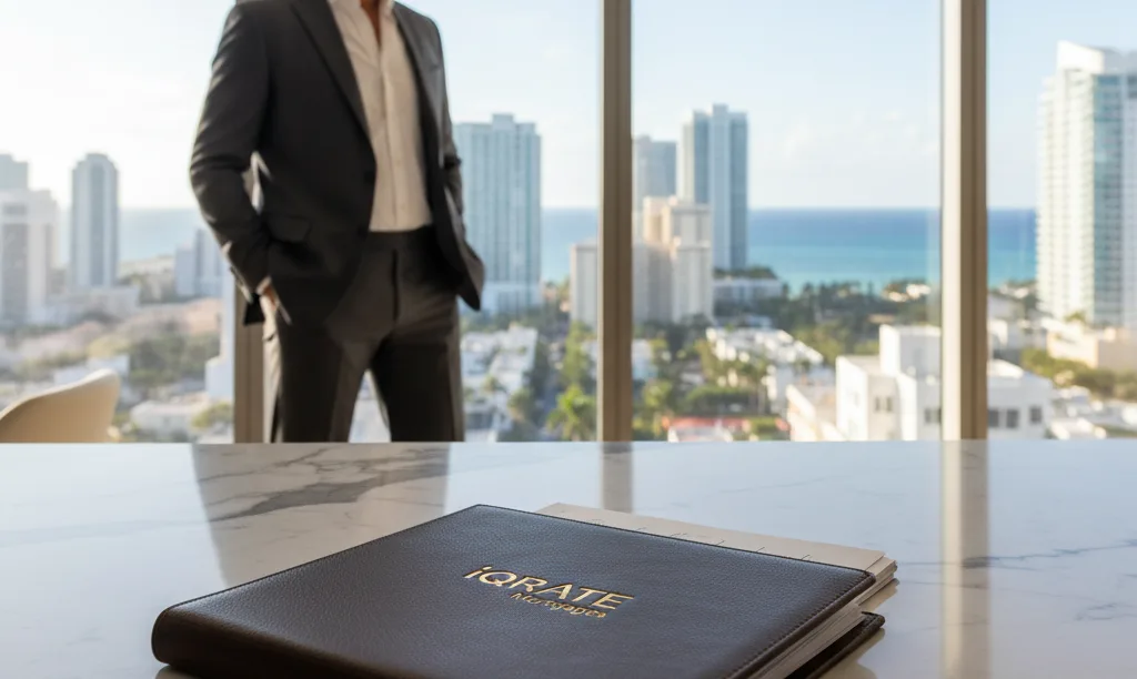 Investor in Miami high-rise with iQRATE Mortgages folder.