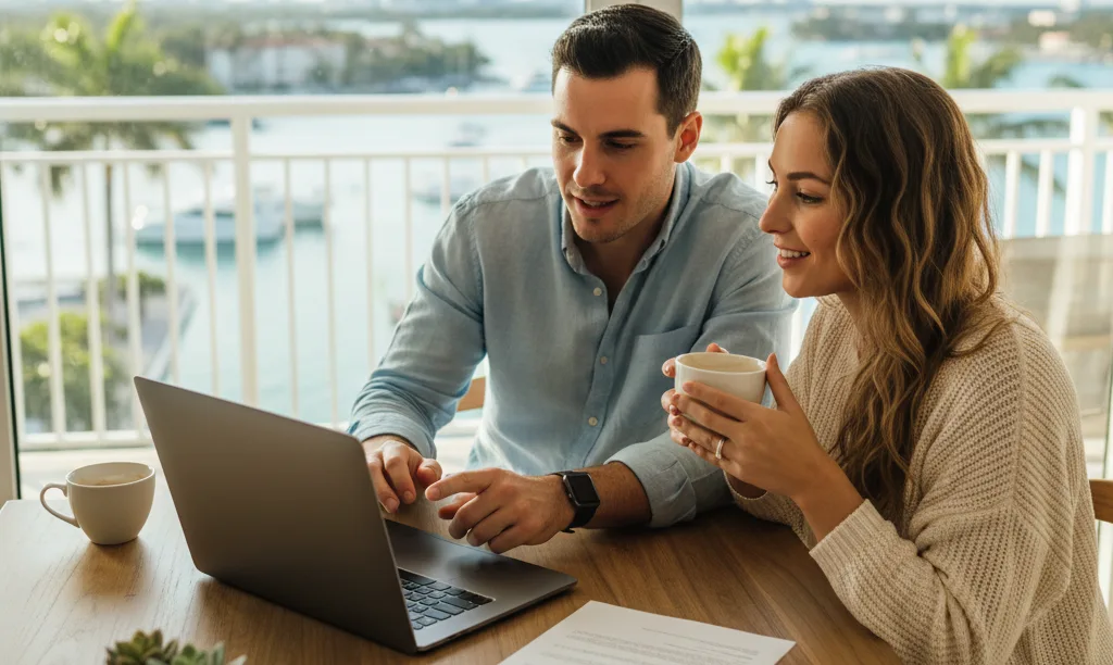 Couple in Miami condo reviewing iQRATE Mortgages loan options.