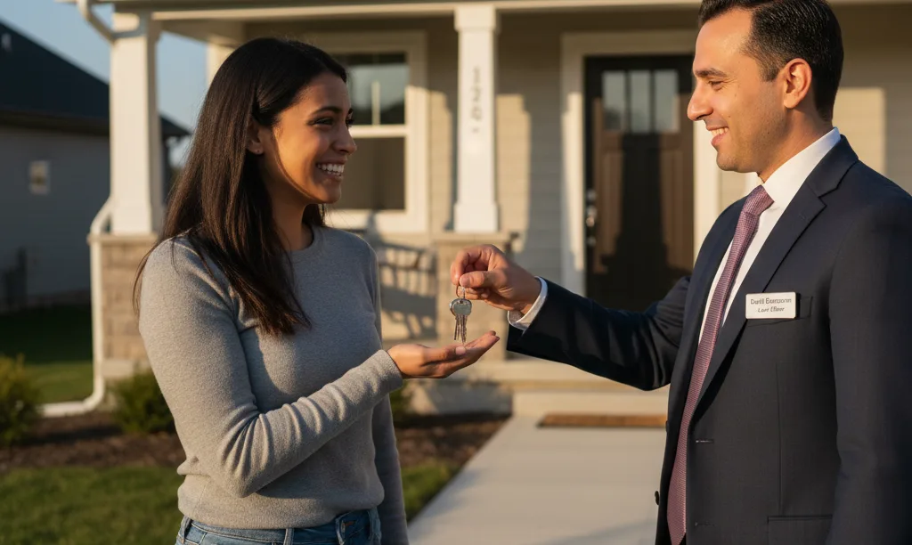 A happy couple receiving keys to their new home.