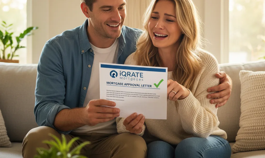 Couple joyfully reviewing their iQRATE Mortgages approval.