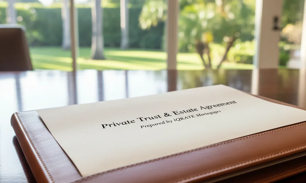 Confidential trust agreement from iQRATE Mortgages on desk.