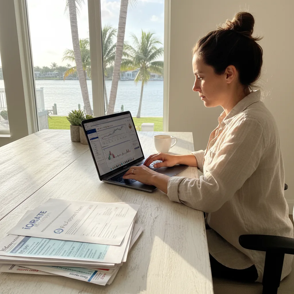 Self-employed professional reviewing financial documents for a mortgage application.