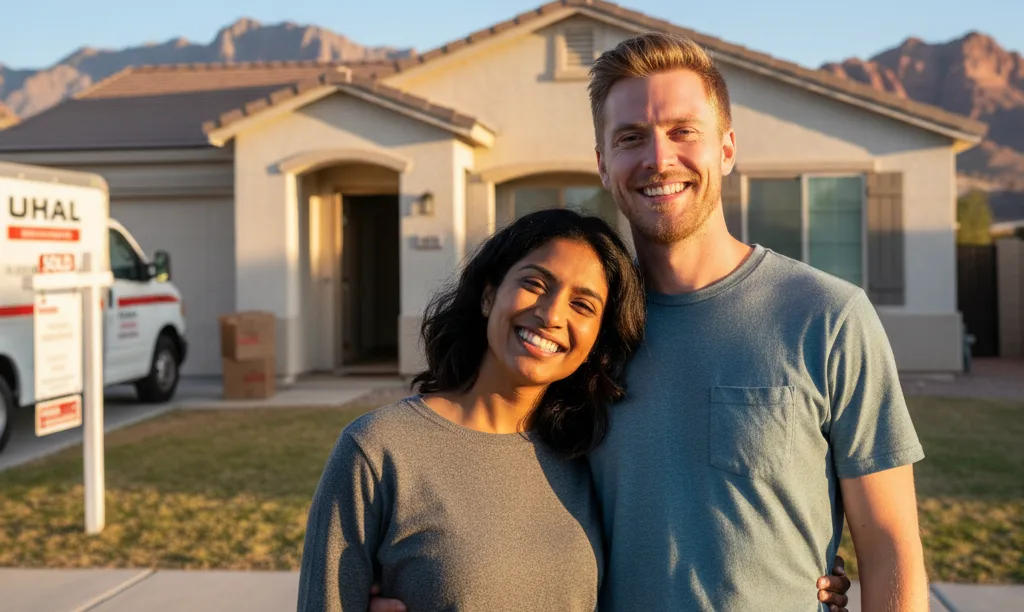 Hopeful couple smiling outside their new home.