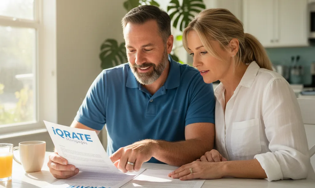 Veteran couple confidently reviewing iQRATE Mortgages document.