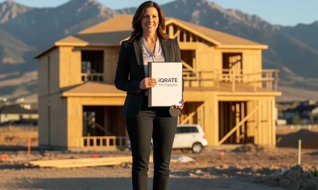 Confident real estate agent at Nevada new build site.