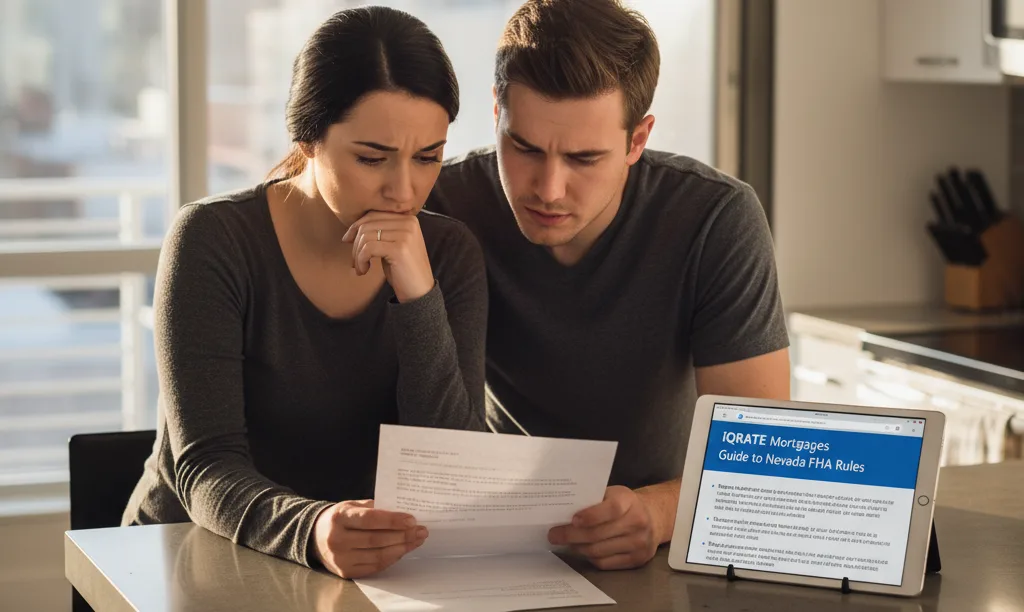 Couple looks worried over loan denial documents.