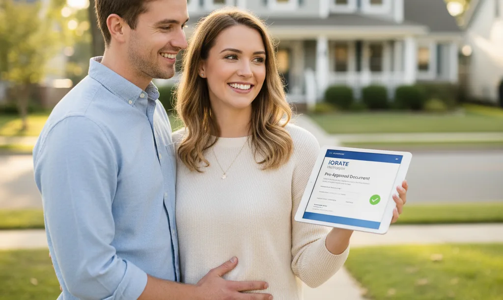 A couple viewing a home with iQRATE Mortgages document.