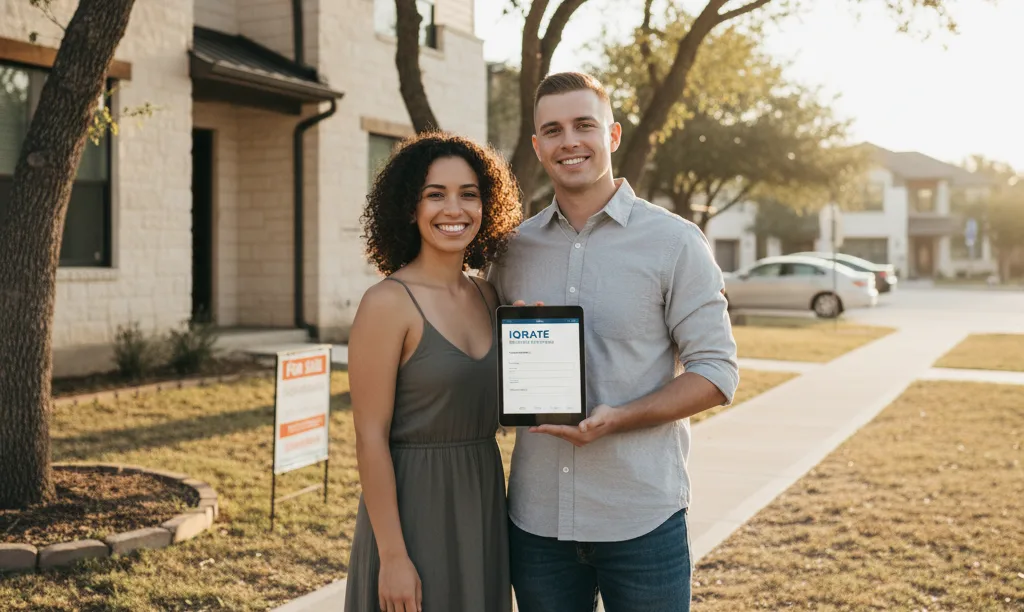 A happy veteran couple standing before their Texas duplex.