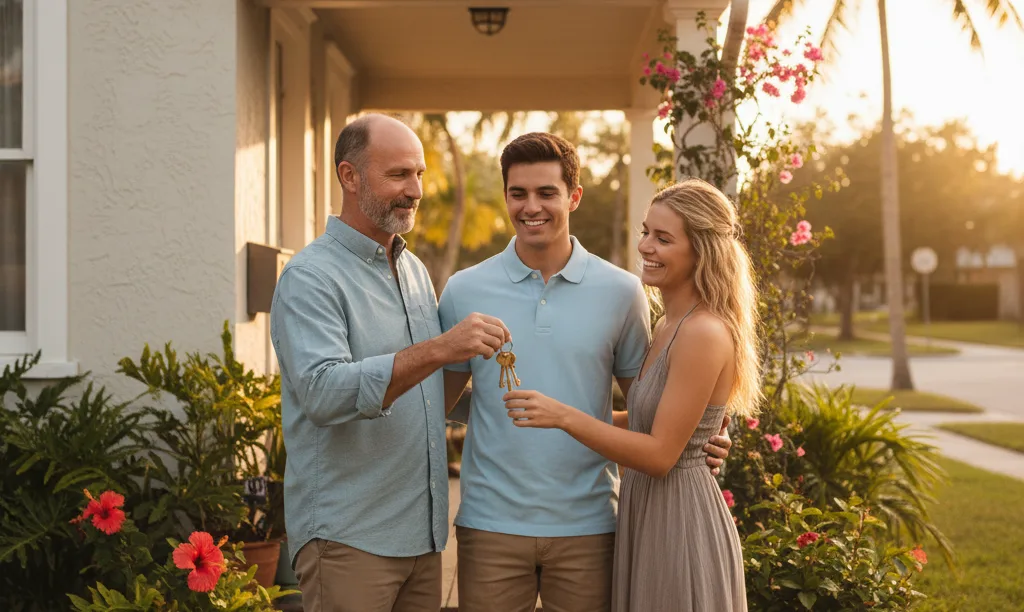 Veteran handing keys to new tenants in Florida.