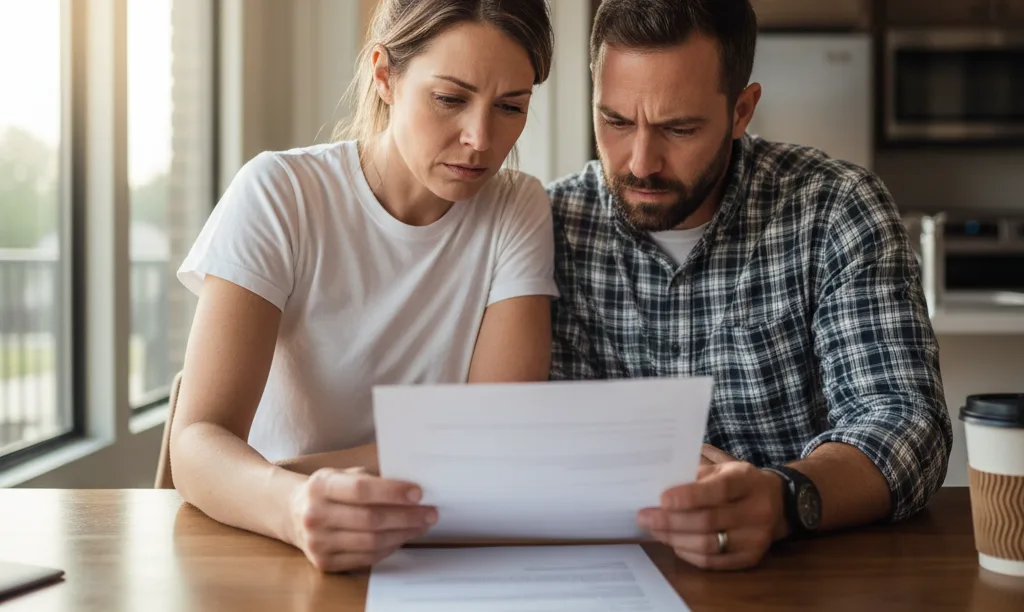 Couple looks worried reviewing conventional loan denial letter.