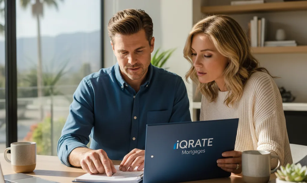 Couple in home office reviewing mortgage documents.