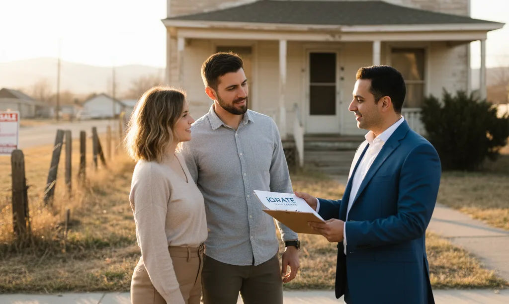 A loan officer discusses options for a fixer-upper with a couple.
