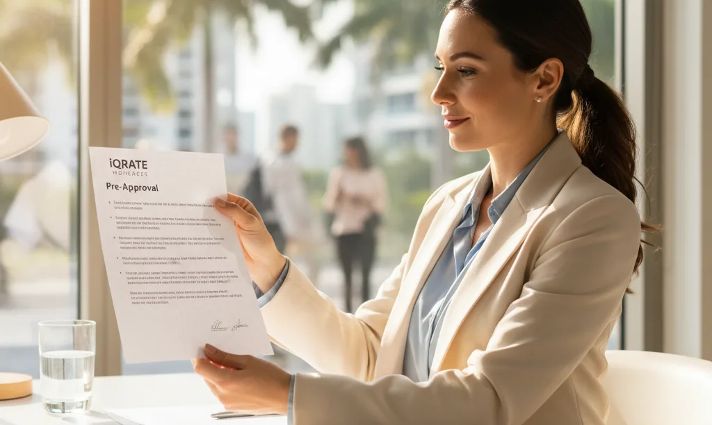 Confident Florida agent reviews an iQRATE Mortgages document.