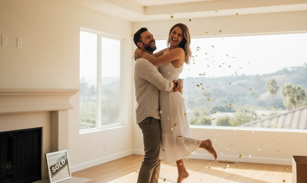 Couple joyfully celebrating in their new California home.
