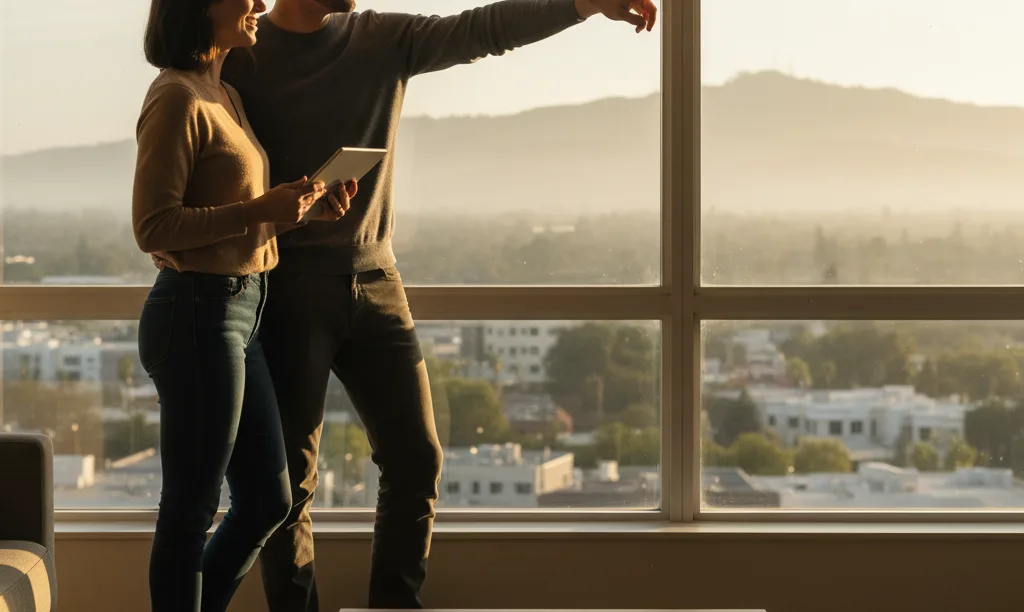 Couple planning their future home with documents.