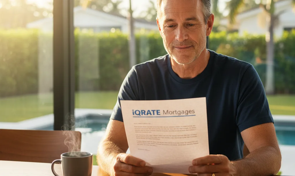 Veteran in Florida home reviews iQRATE Mortgages document.