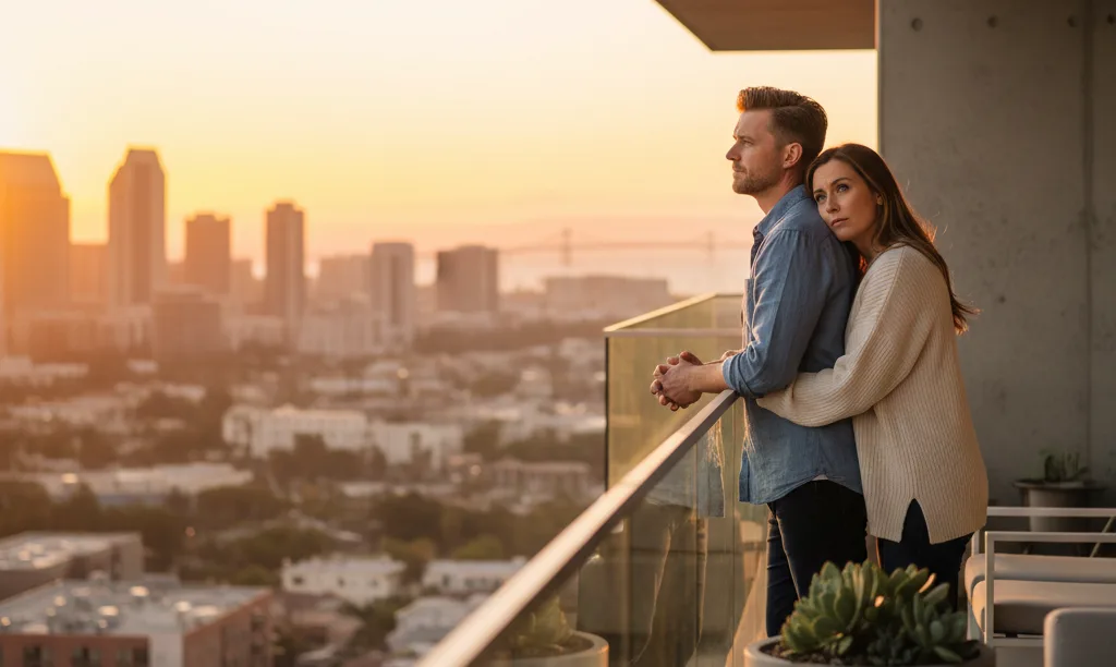 Couple on San Diego condo balcony at sunset.
