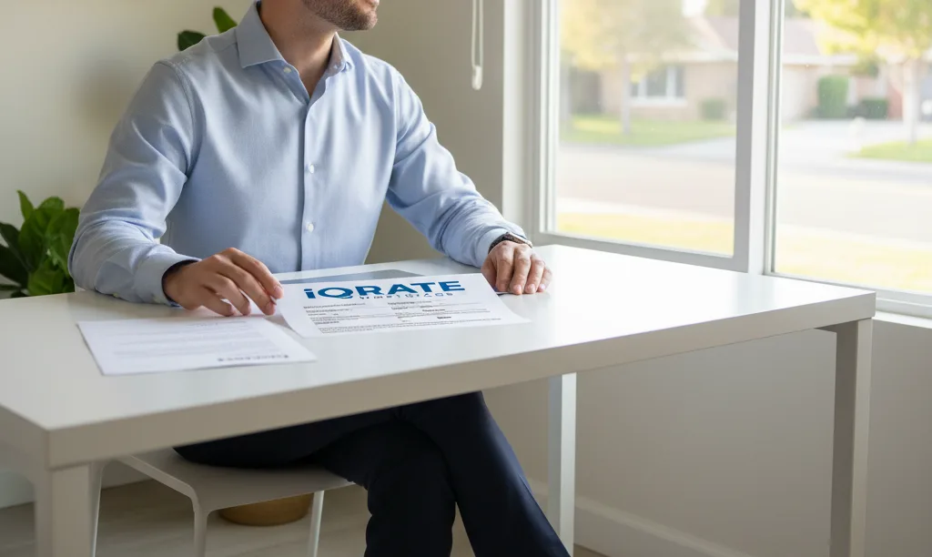 Self-employed man reviews iQRATE Mortgages loan documents.