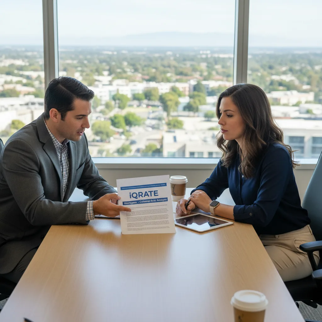 Real estate agent reviewing collateral risk analysis data on a tablet.