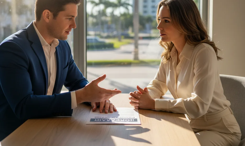 Wealth advisor and client discussing real estate portfolio.