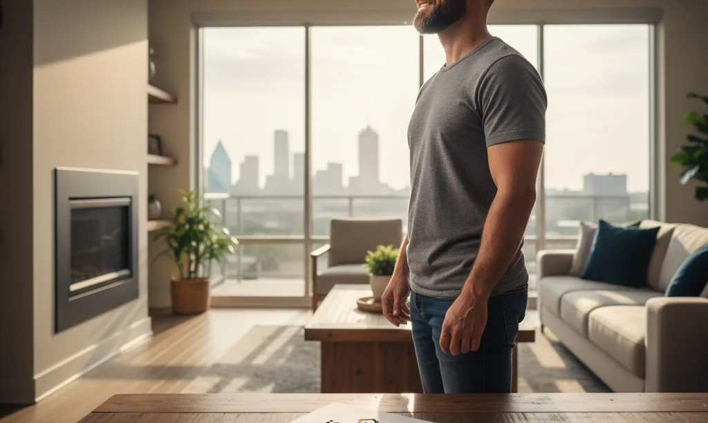 Veteran looking hopefully out of Dallas home window.