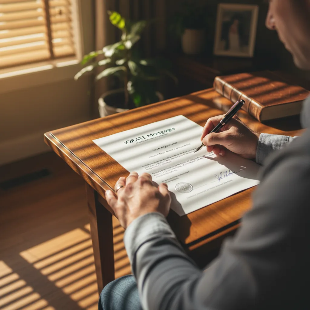 A person reviewing financial documents and a divorce decree for a mortgage application.