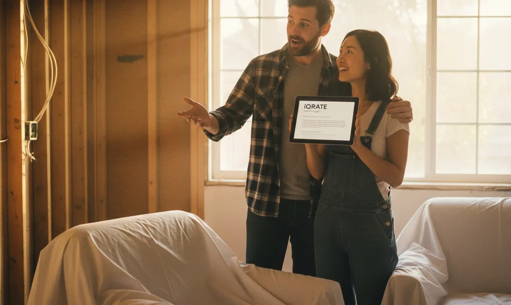 Couple planning renovations in a sunlit room