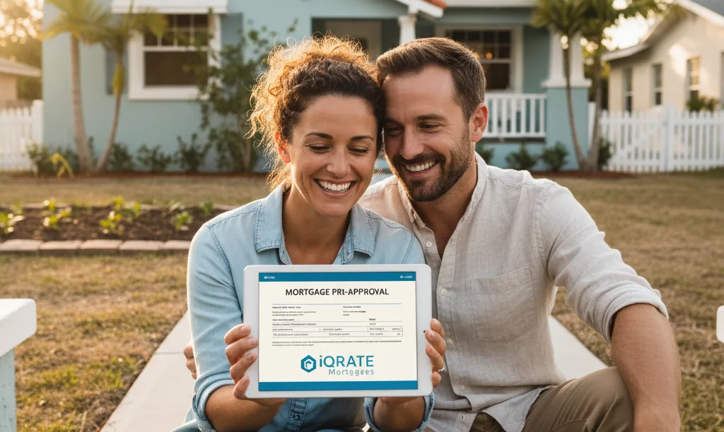 Couple celebrating on porch with iQRATE Mortgages approval.