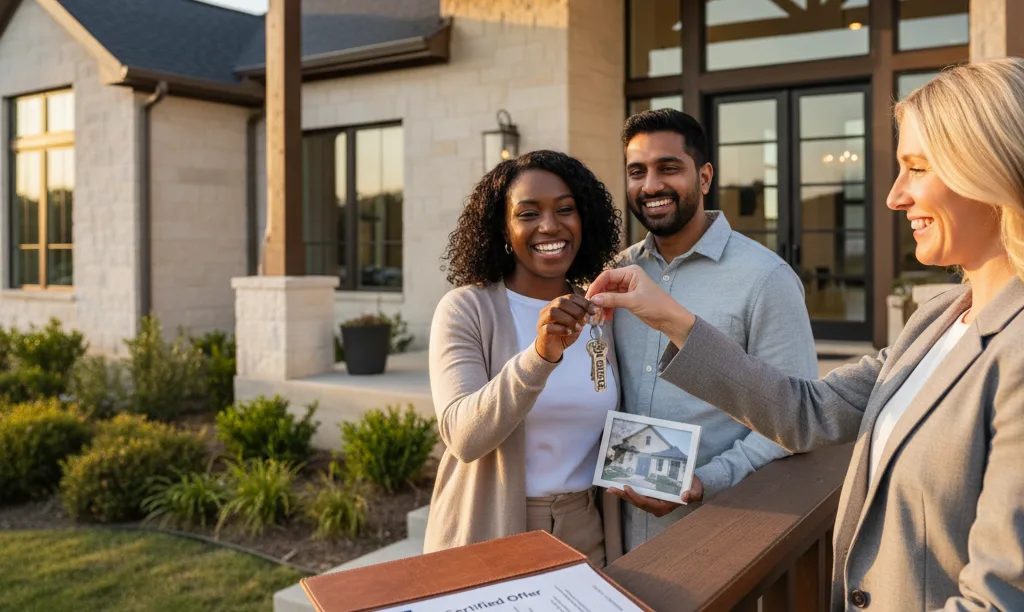 Couple joyfully accepting keys to their new home.