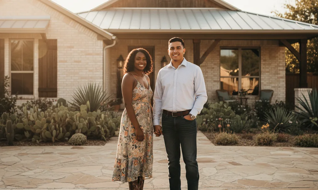 A happy couple smiling outside their new home.