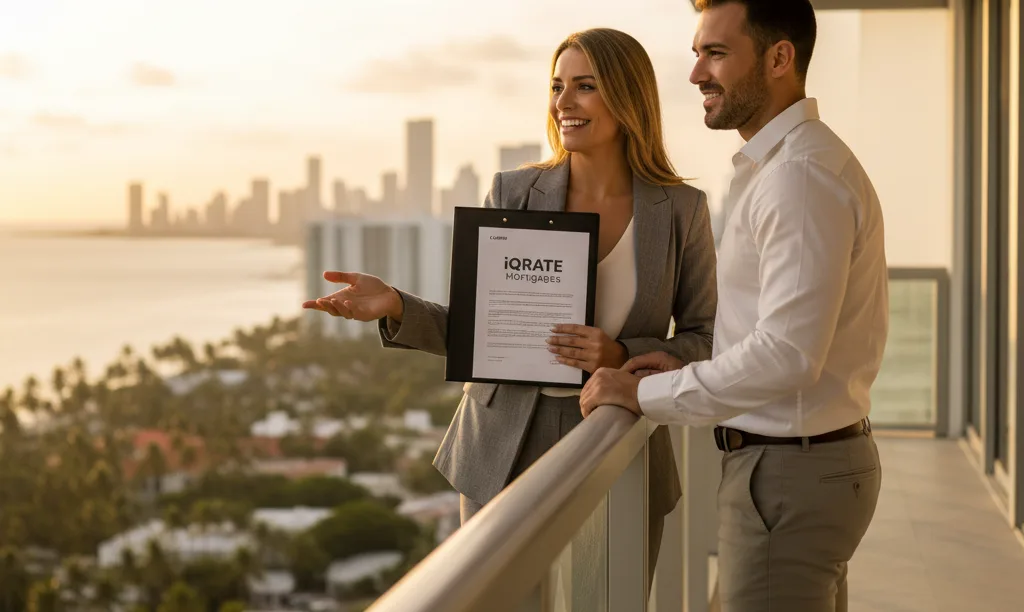 Agent and buyer on a luxury Miami condo balcony.