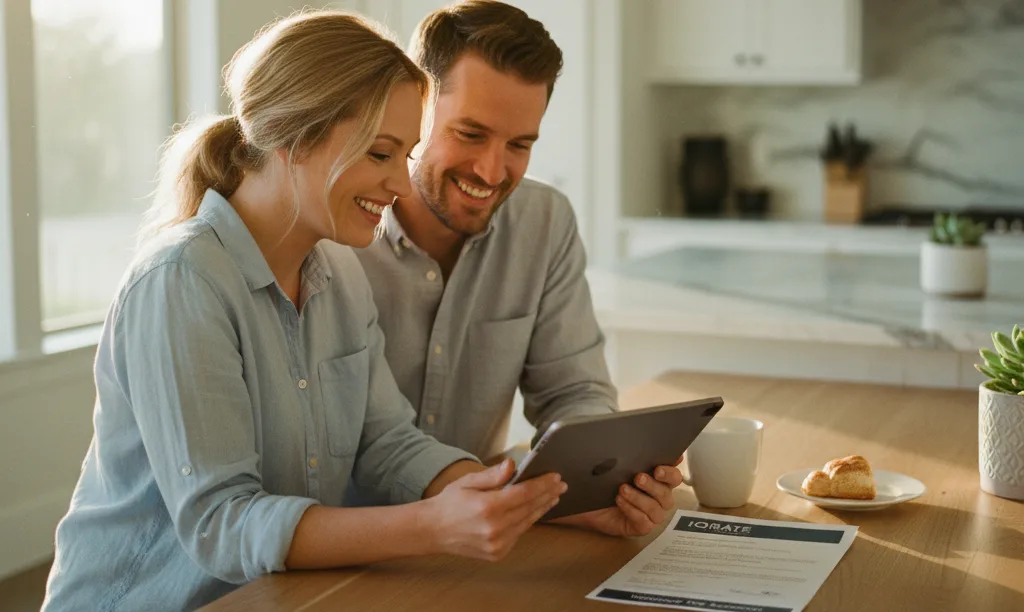 Couple smiles reviewing mortgage approval from iQRATE Mortgages.