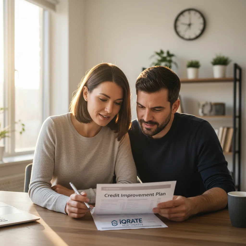 A person reviewing their credit report to improve their score for a home loan.