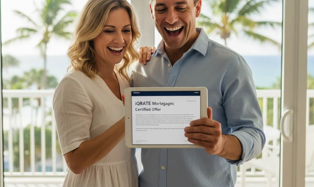 Couple joyfully reviews iQRATE Mortgages certified offer.