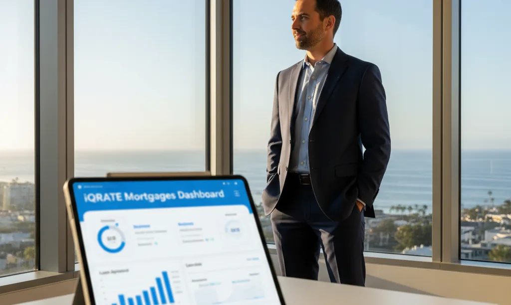 Real estate lead in San Diego office overlooking coast.