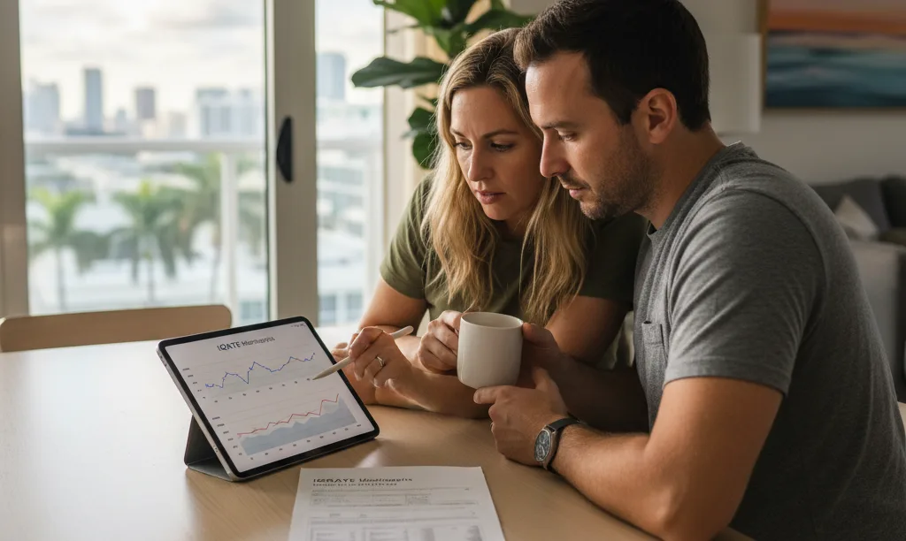 Couple analyzing iQRATE Mortgages loan options in Miami.