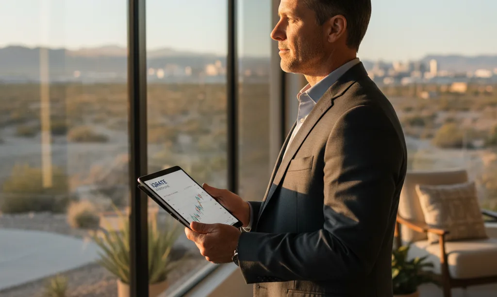 Investor with tablet planning Nevada rental portfolio.