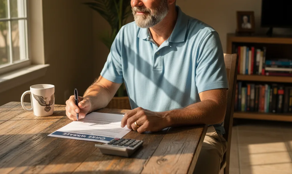 Florida veteran confidently reviewing iQRATE Mortgages refinance document.