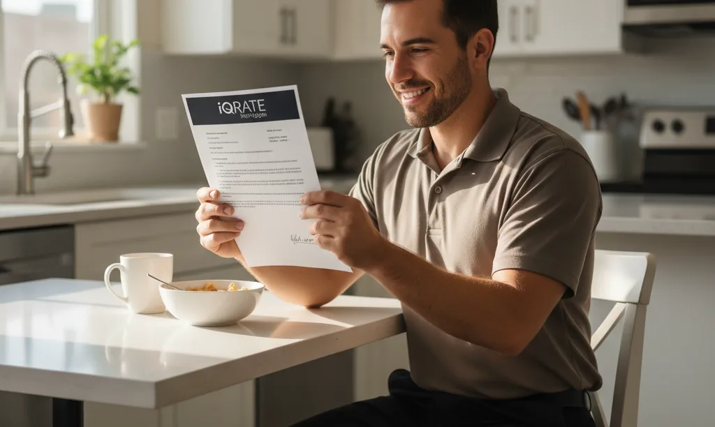 Homebuyer reviewing iQRATE Mortgages approval letter in kitchen.