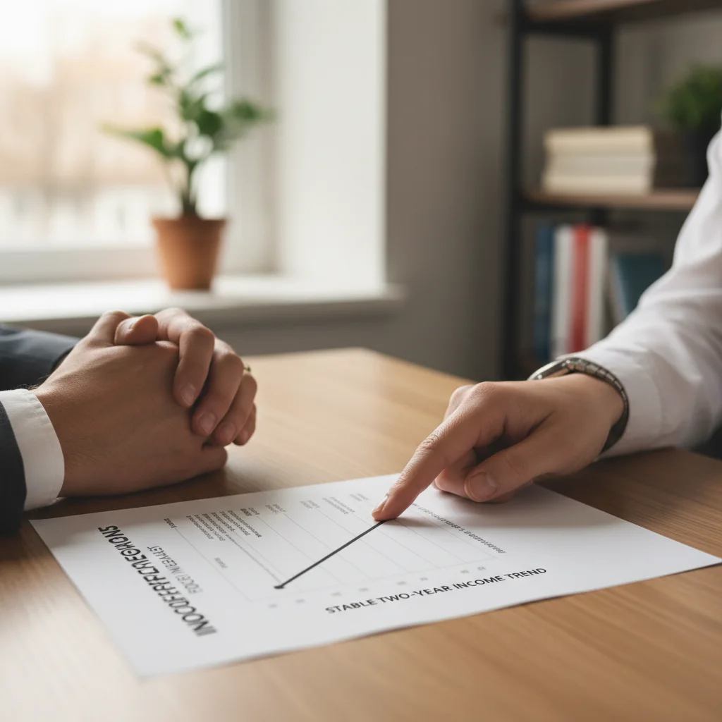 A person reviewing financial documents and tax forms for a mortgage application.