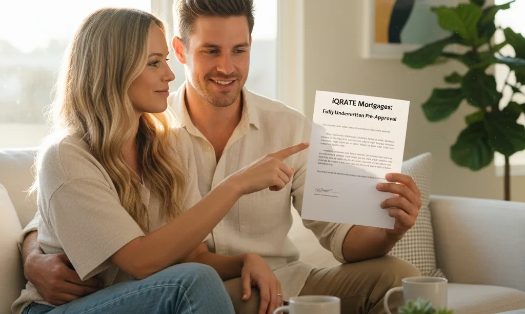Couple confidently reviewing an iQRATE Mortgages pre-approval letter.