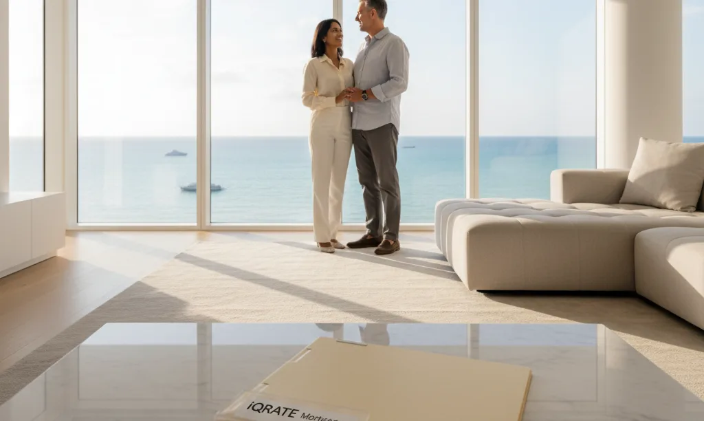 Couple enjoying Miami penthouse view with iQRATE Mortgages folder.